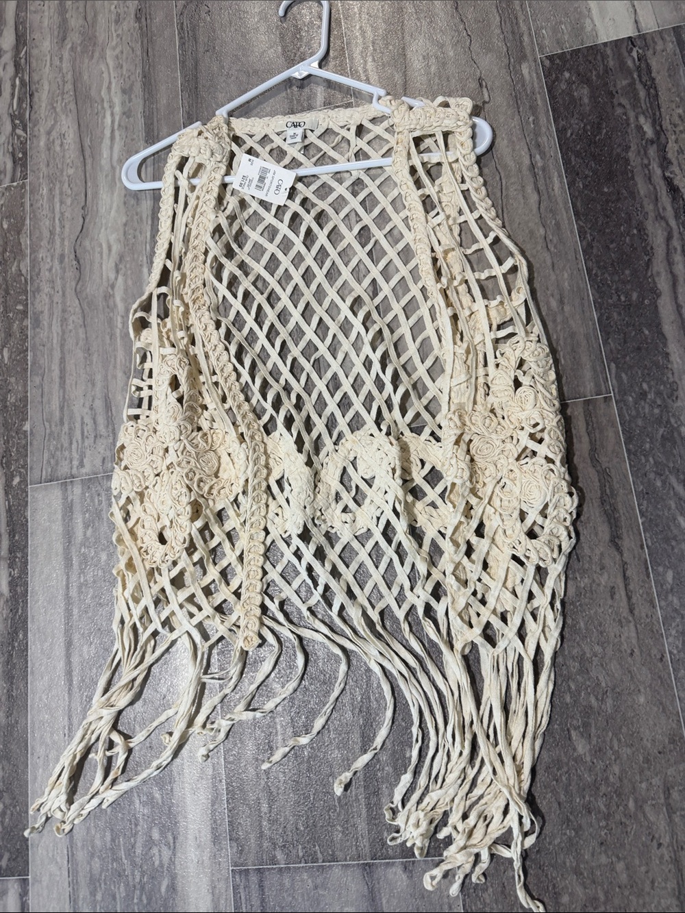 Cato Cream Open-Weave Crochet Fringe Vest